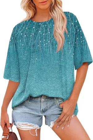 Women's T Shirts Womens Short Sleeve Floral Printed Shirt Fashion Summer Crew Neck Loose Fit Pullover