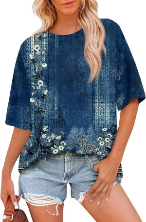Women's T Shirts Womens Short Sleeve Floral Printed Shirt Fashion Summer Crew Neck Loose Fit Pullover