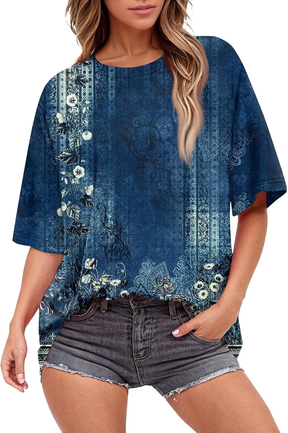 Women's T Shirts Womens Short Sleeve Floral Printed Shirt Fashion Summer Crew Neck Loose Fit Pullover