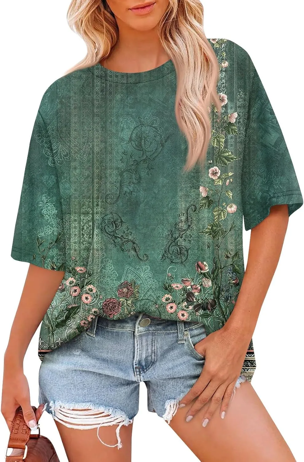Women's T Shirts Womens Short Sleeve Floral Printed Shirt Fashion Summer Crew Neck Loose Fit Pullover
