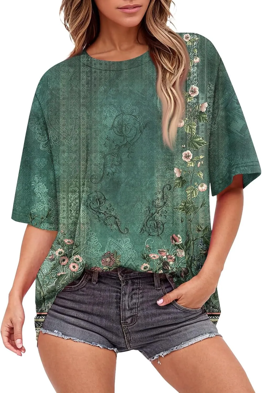Women's T Shirts Womens Short Sleeve Floral Printed Shirt Fashion Summer Crew Neck Loose Fit Pullover