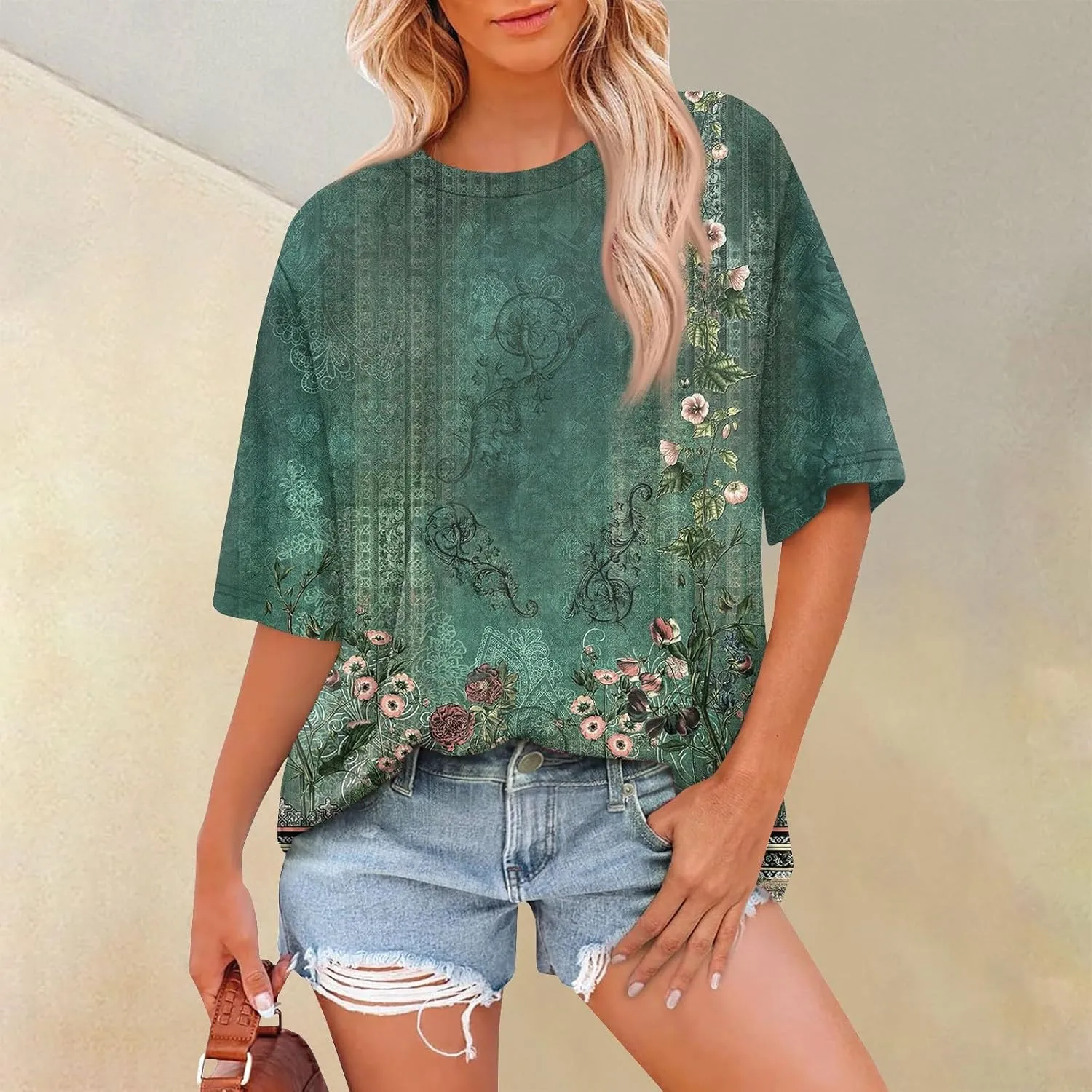 Women's T Shirts Womens Short Sleeve Floral Printed Shirt Fashion Summer Crew Neck Loose Fit Pullover