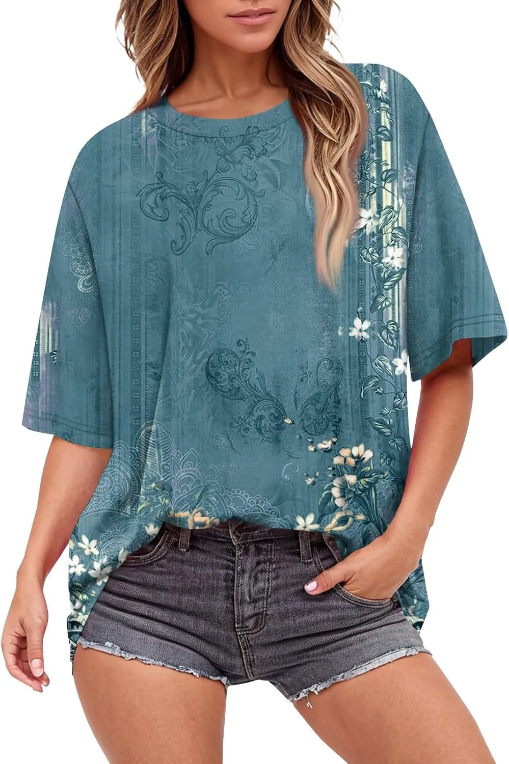 Women's T Shirts Womens Short Sleeve Floral Printed Shirt Fashion Summer Crew Neck Loose Fit Pullover