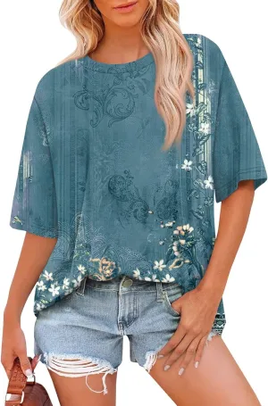 Women's T Shirts Womens Short Sleeve Floral Printed Shirt Fashion Summer Crew Neck Loose Fit Pullover