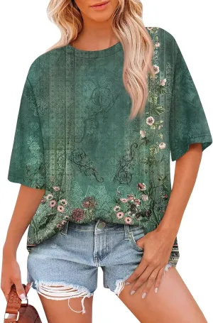 Women's T Shirts Womens Short Sleeve Floral Printed Shirt Fashion Summer Crew Neck Loose Fit Pullover