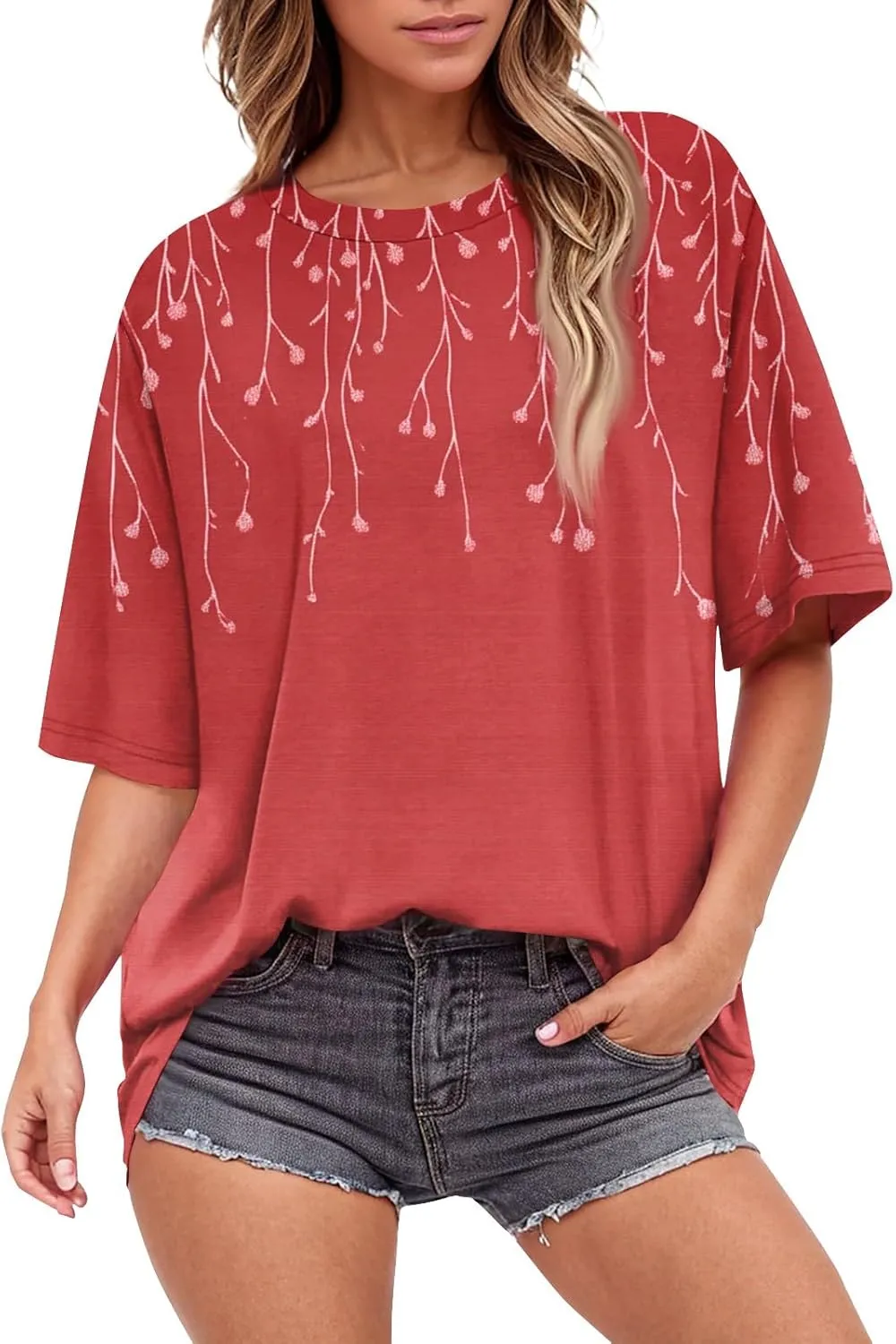 Women's T Shirts Womens Short Sleeve Floral Printed Shirt Fashion Summer Crew Neck Loose Fit Pullover