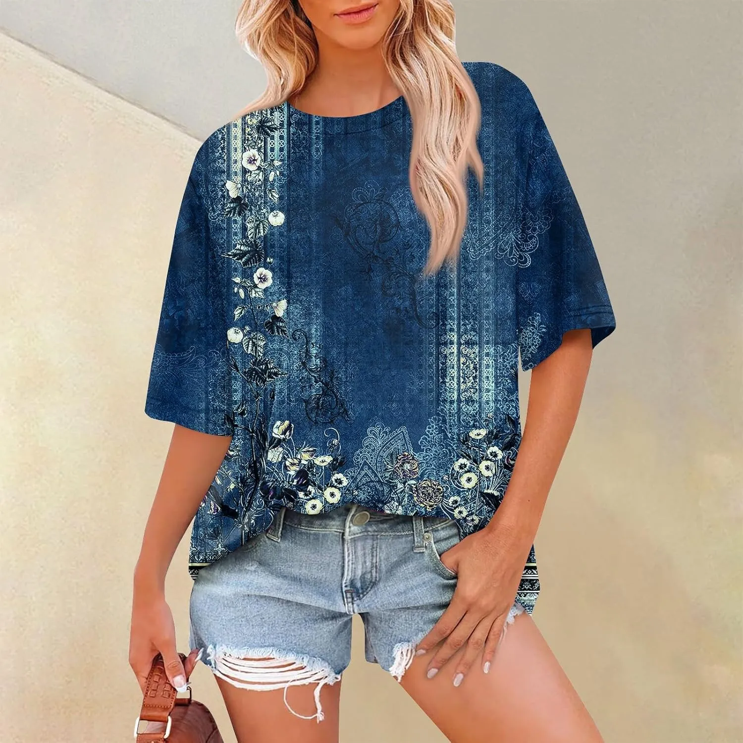 Women's T Shirts Womens Short Sleeve Floral Printed Shirt Fashion Summer Crew Neck Loose Fit Pullover