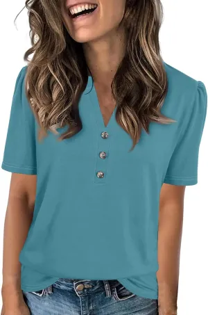 Womens Tops Summer Women's Casual Trendy V Neck Button Down Short Sleeve Business Casual Basic Tee Loose Fit Tshirts