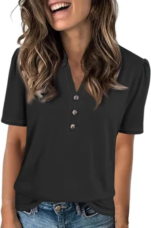Womens Tops Summer Women's Casual Trendy V Neck Button Down Short Sleeve Business Casual Basic Tee Loose Fit Tshirts
