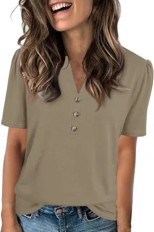 Womens Tops Summer Women's Casual Trendy V Neck Button Down Short Sleeve Business Casual Basic Tee Loose Fit Tshirts