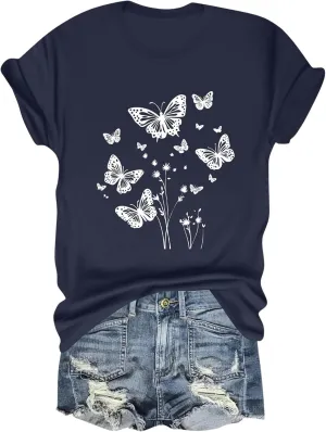 Womens Tops Women's 2025 Casual Loose Fit Printed Pullover T Shirts Summer Crew Neck Short Sleeve Blouse