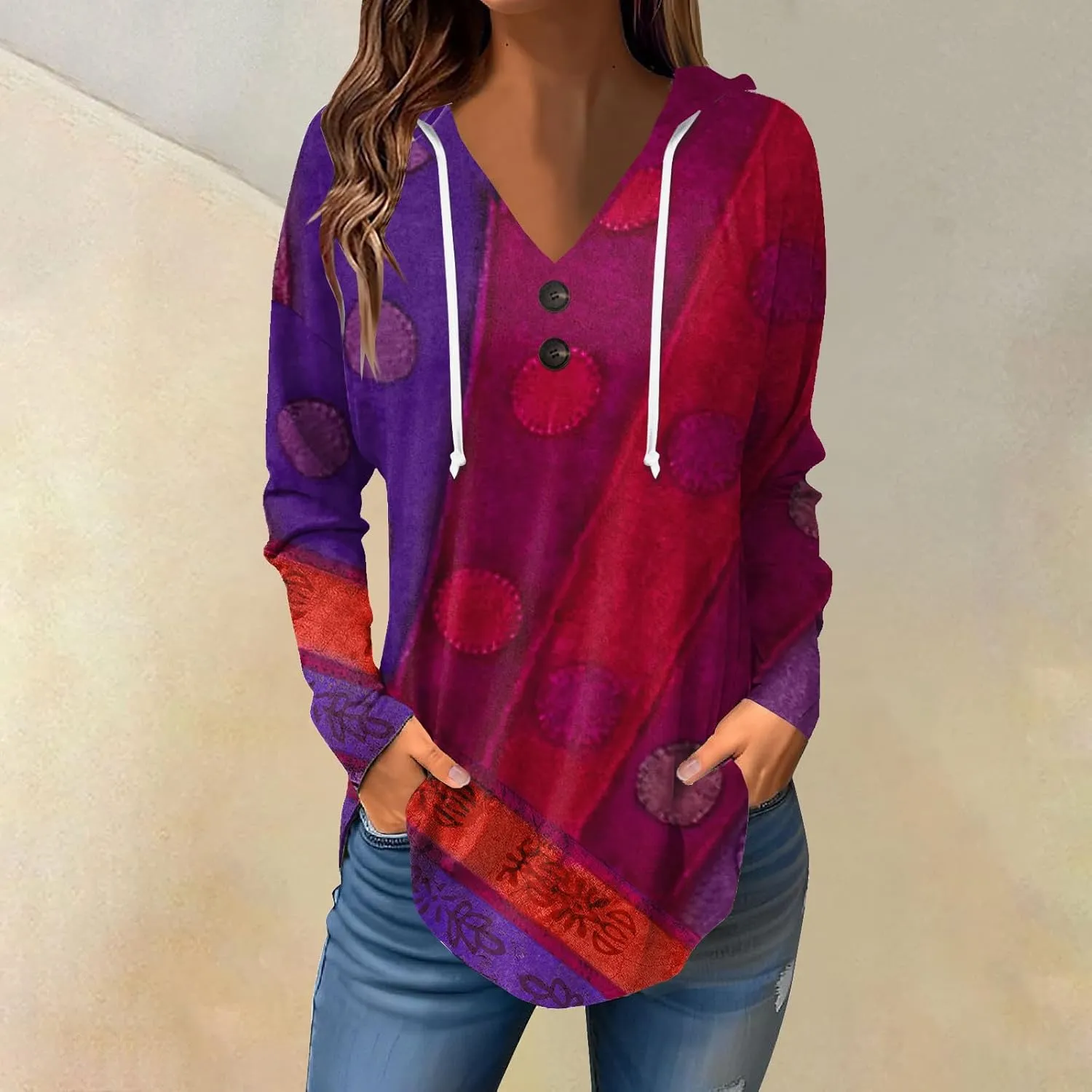 Womens Tunic Tops Winter Ethnic Floral Oversized Hoodie Long Sleeve Blouse Vneck Button Shirts Fall Sweatshirt Graphic