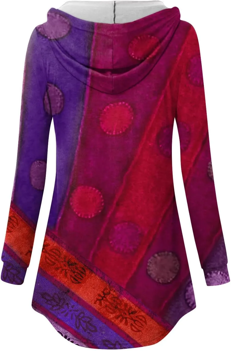Womens Tunic Tops Winter Ethnic Floral Oversized Hoodie Long Sleeve Blouse Vneck Button Shirts Fall Sweatshirt Graphic