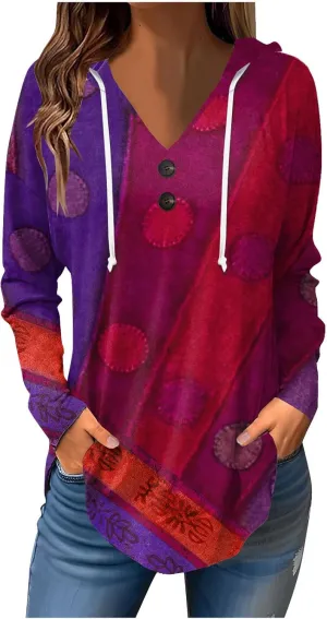 Womens Tunic Tops Winter Ethnic Floral Oversized Hoodie Long Sleeve Blouse Vneck Button Shirts Fall Sweatshirt Graphic