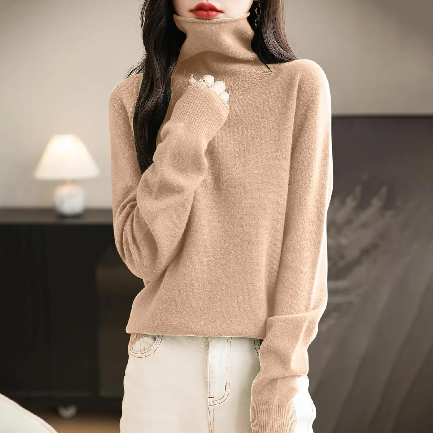 Women's Turtleneck 100% Pure Cashmere Sweater Long Sleeve Crewneck Pullover Warm Lightweight Y2k Sweaters for Women