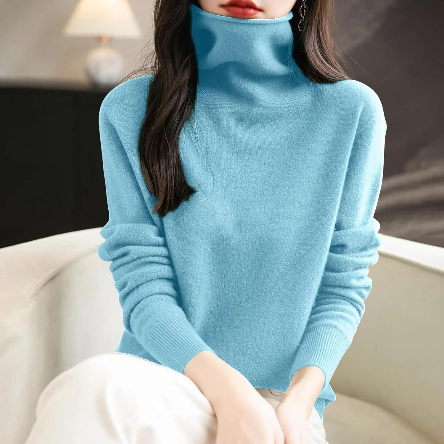 Women's Turtleneck 100% Pure Cashmere Sweater Long Sleeve Crewneck Pullover Warm Lightweight Y2k Sweaters for Women