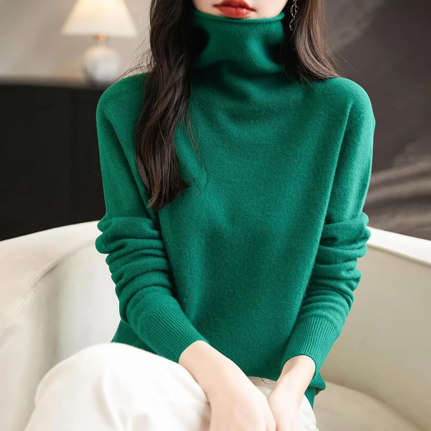 Women's Turtleneck 100% Pure Cashmere Sweater Long Sleeve Crewneck Pullover Warm Lightweight Y2k Sweaters for Women