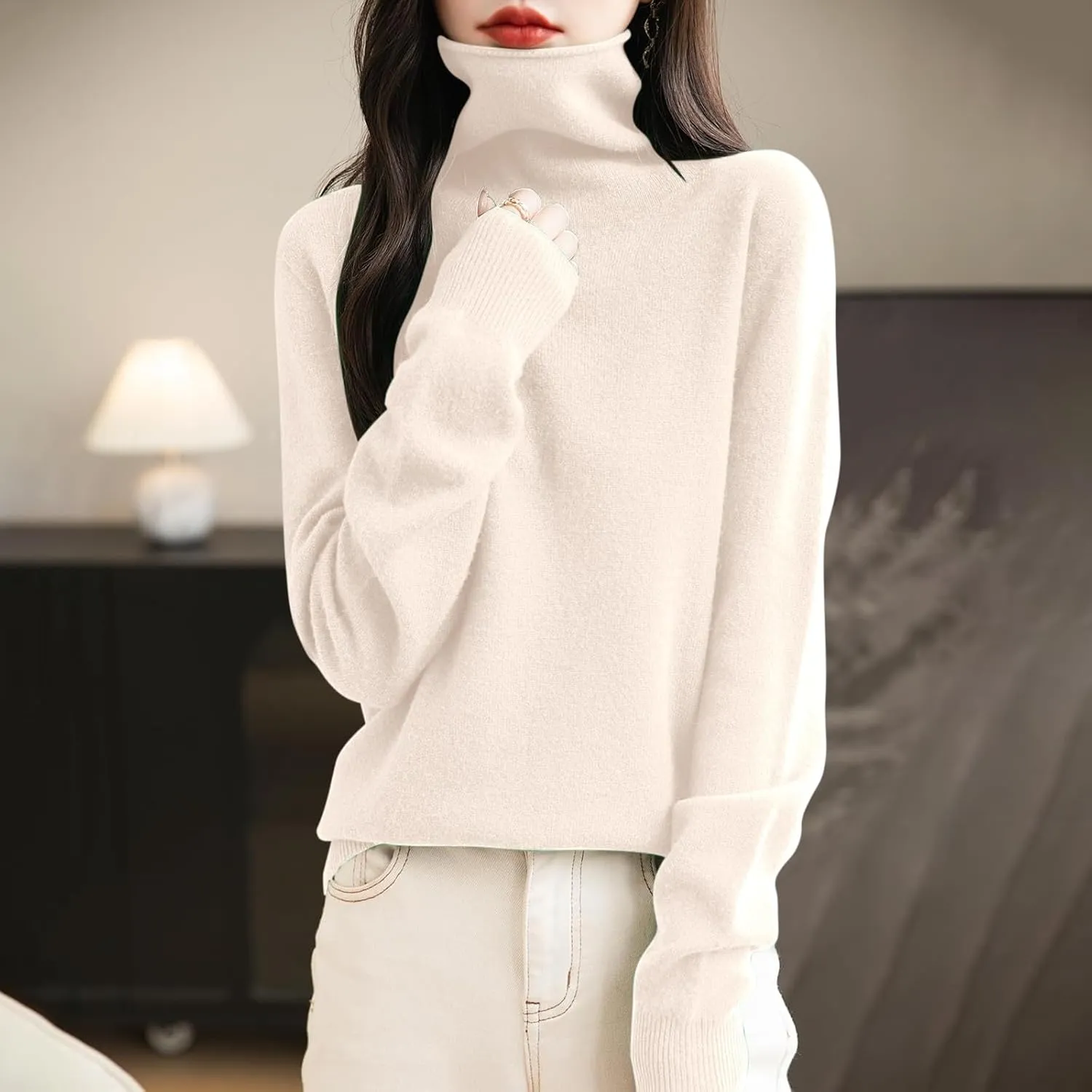 Women's Turtleneck 100% Pure Cashmere Sweater Long Sleeve Crewneck Pullover Warm Lightweight Y2k Sweaters for Women
