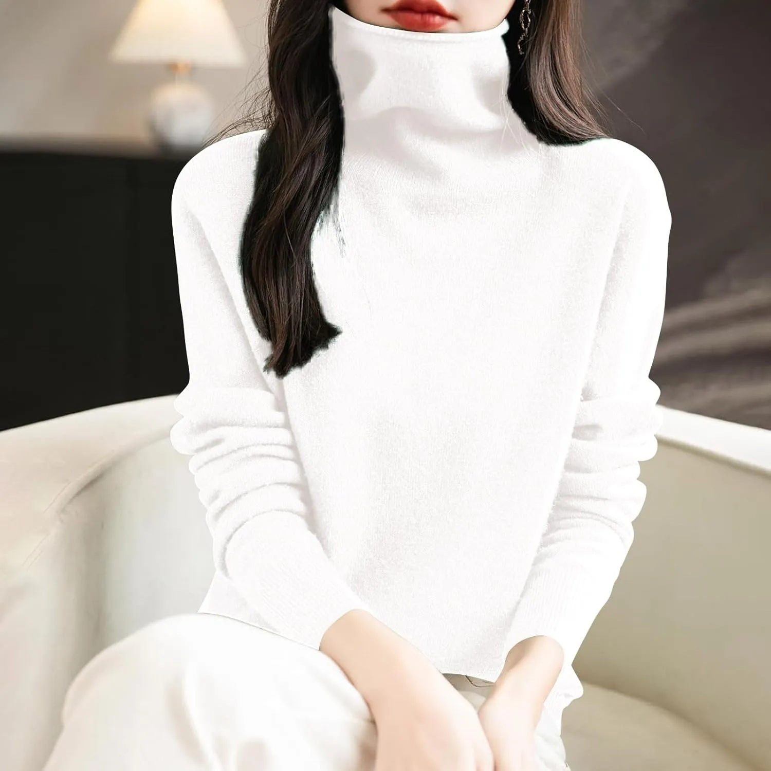 Women's Turtleneck 100% Pure Cashmere Sweater Long Sleeve Crewneck Pullover Warm Lightweight Y2k Sweaters for Women