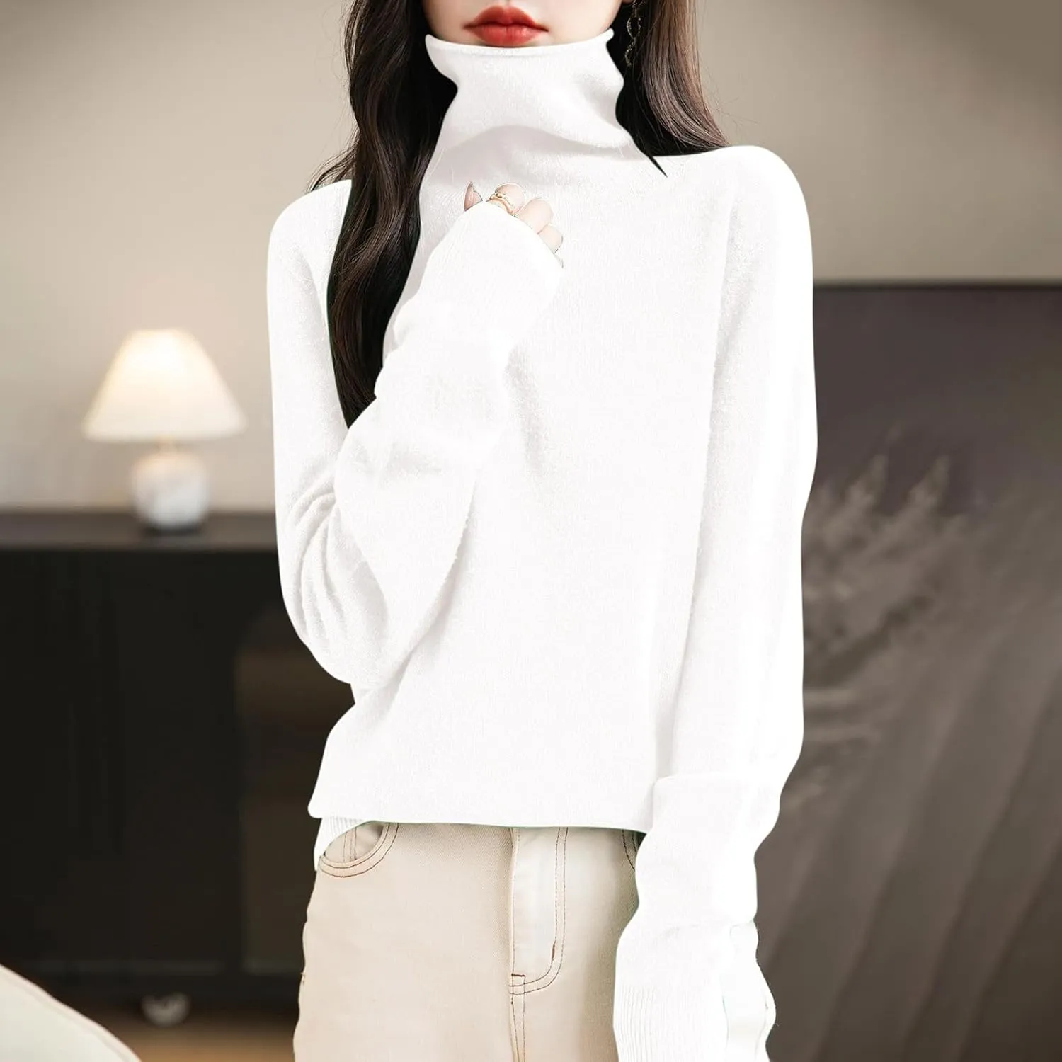 Women's Turtleneck 100% Pure Cashmere Sweater Long Sleeve Crewneck Pullover Warm Lightweight Y2k Sweaters for Women