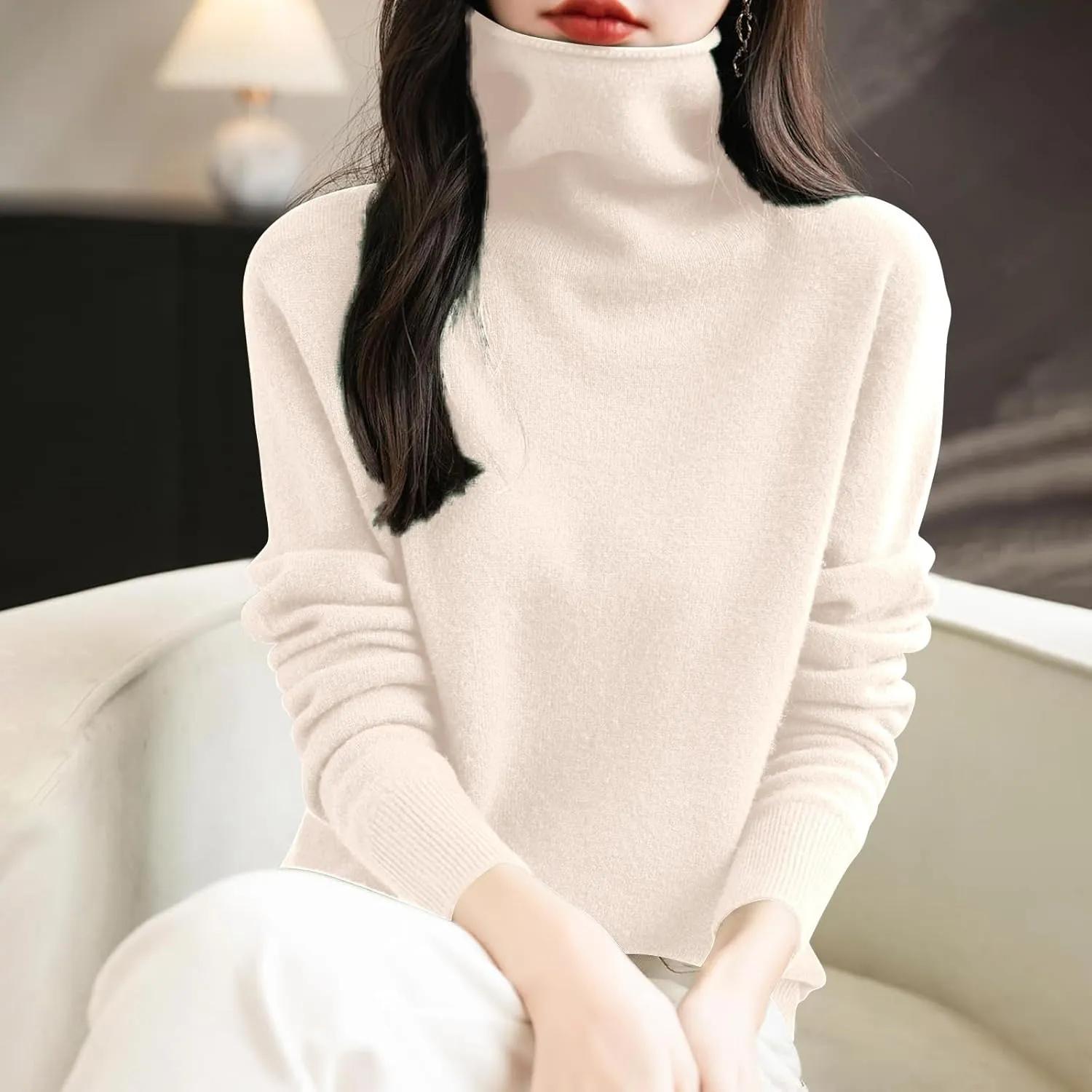 Women's Turtleneck 100% Pure Cashmere Sweater Long Sleeve Crewneck Pullover Warm Lightweight Y2k Sweaters for Women