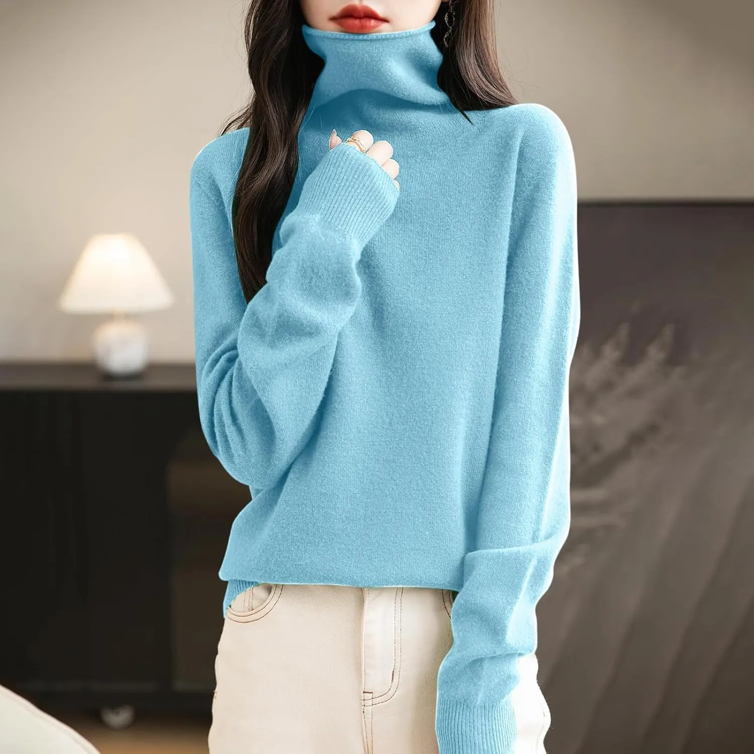 Women's Turtleneck 100% Pure Cashmere Sweater Long Sleeve Crewneck Pullover Warm Lightweight Y2k Sweaters for Women