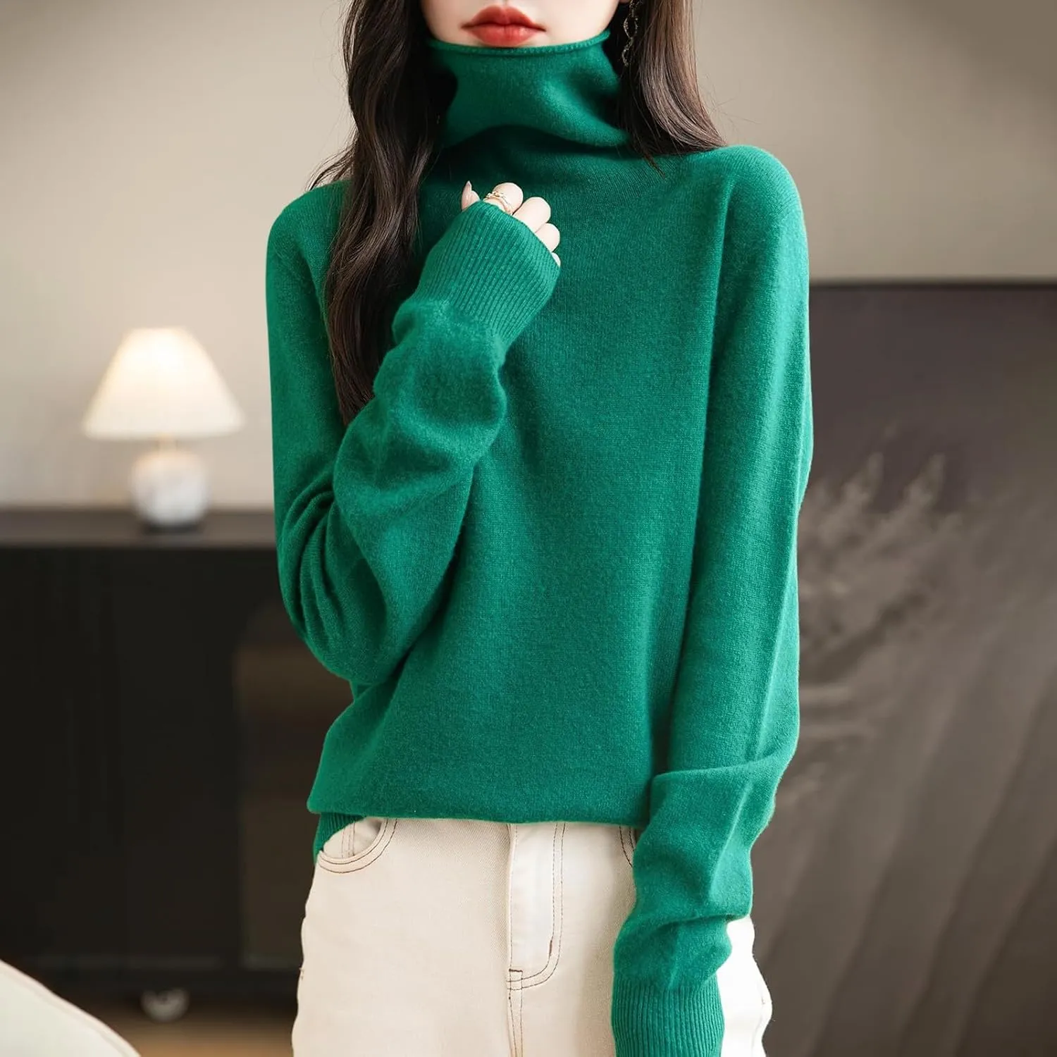 Women's Turtleneck 100% Pure Cashmere Sweater Long Sleeve Crewneck Pullover Warm Lightweight Y2k Sweaters for Women