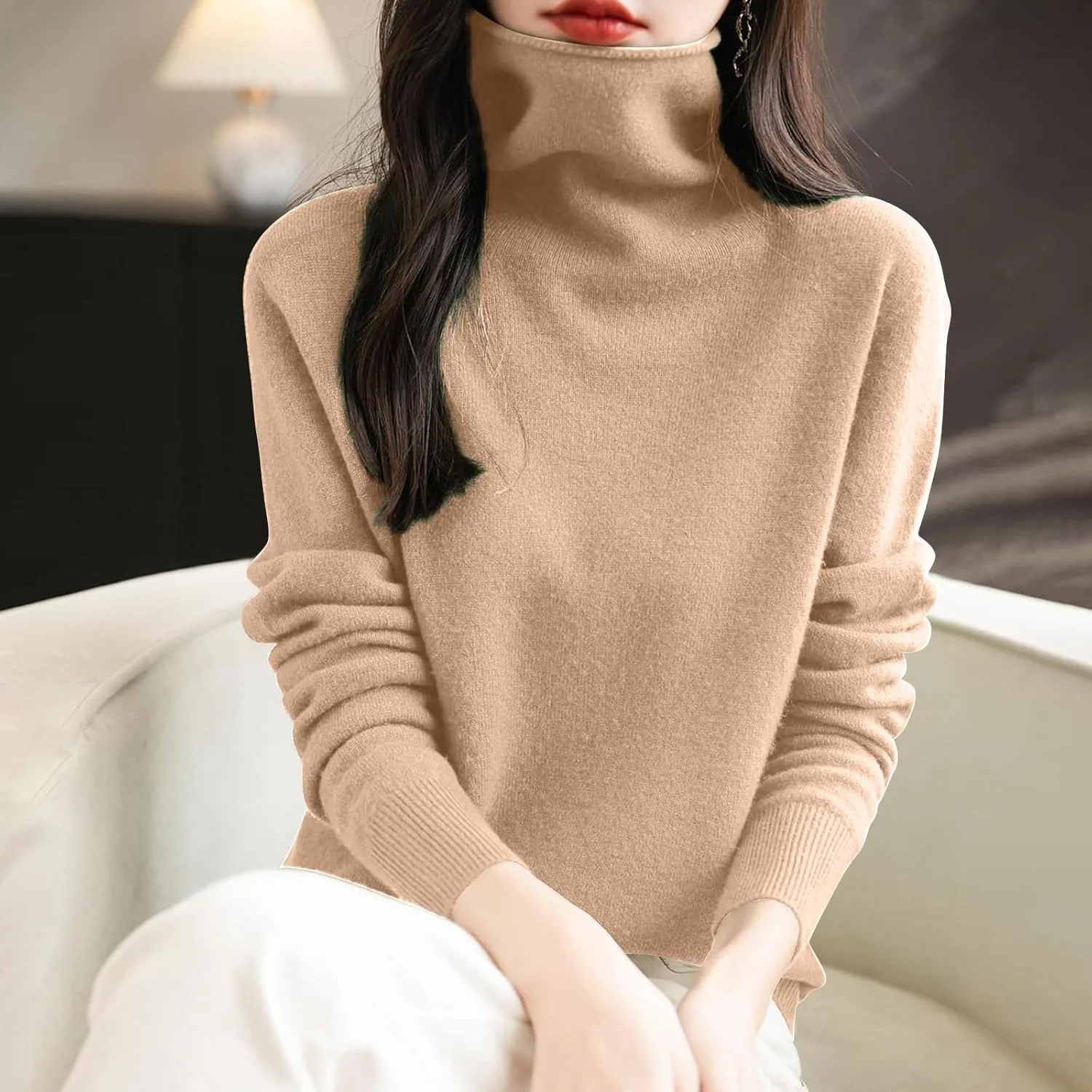 Women's Turtleneck 100% Pure Cashmere Sweater Long Sleeve Crewneck Pullover Warm Lightweight Y2k Sweaters for Women