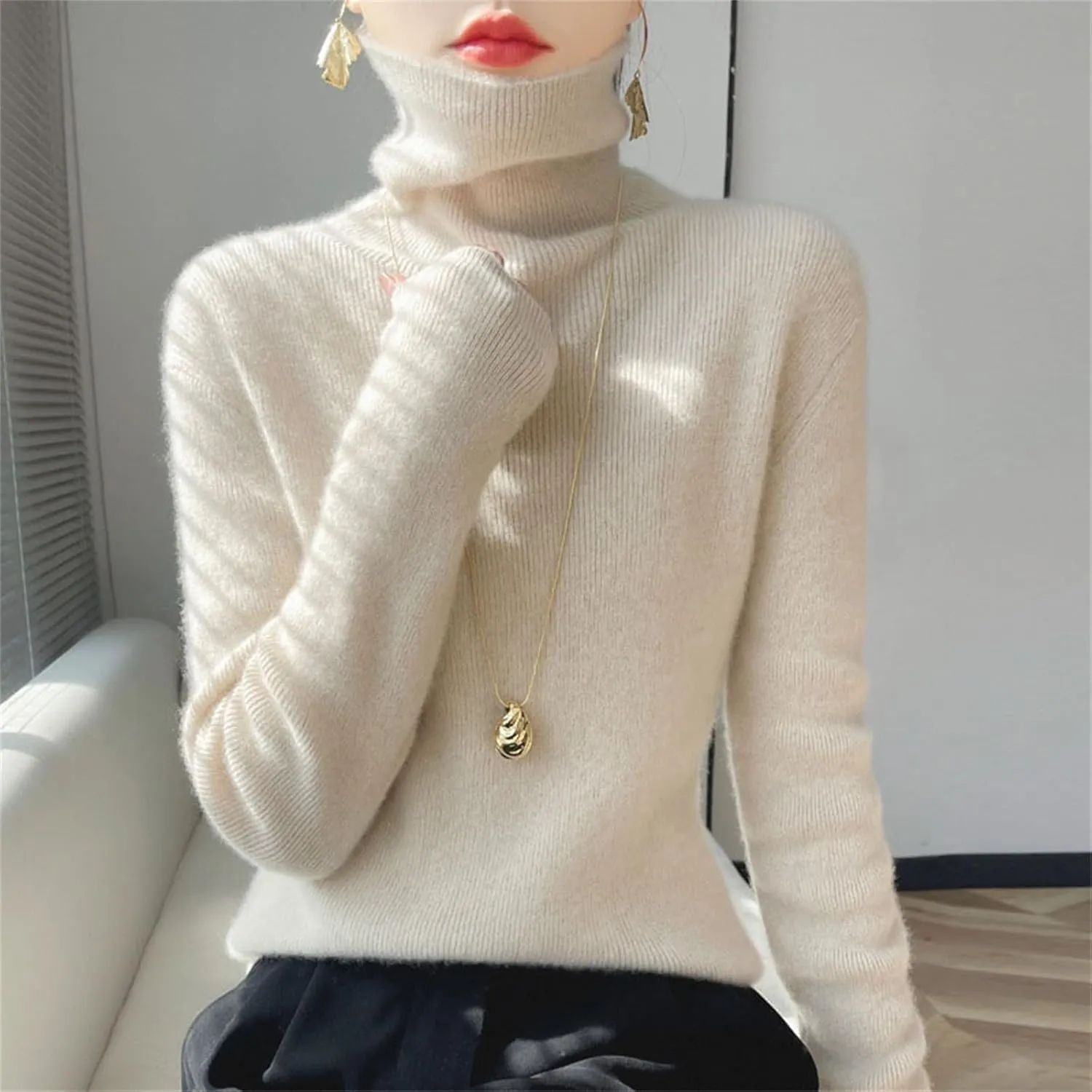 Womens Turtleneck Cashmere Sweater Long Sleeve Crewneck Knitted Pullover Casual Lightweight Y2k Dressy Sweaters Tops