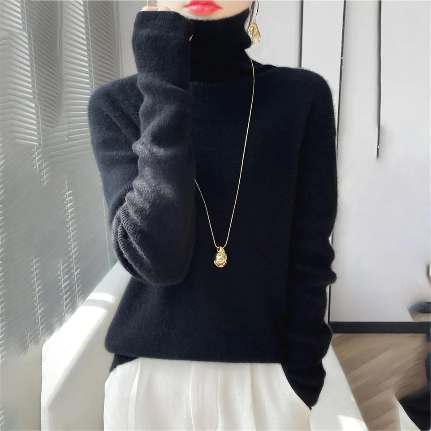 Womens Turtleneck Cashmere Sweater Long Sleeve Crewneck Knitted Pullover Casual Lightweight Y2k Dressy Sweaters Tops