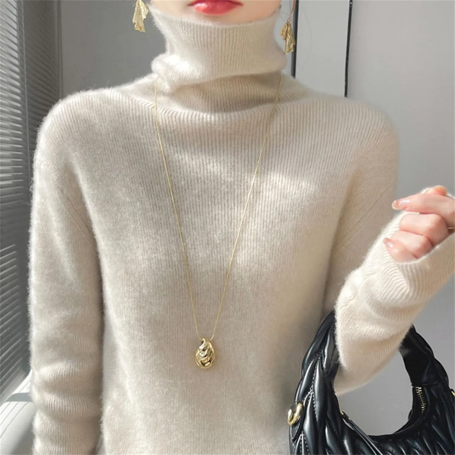 Womens Turtleneck Cashmere Sweater Long Sleeve Crewneck Knitted Pullover Casual Lightweight Y2k Dressy Sweaters Tops