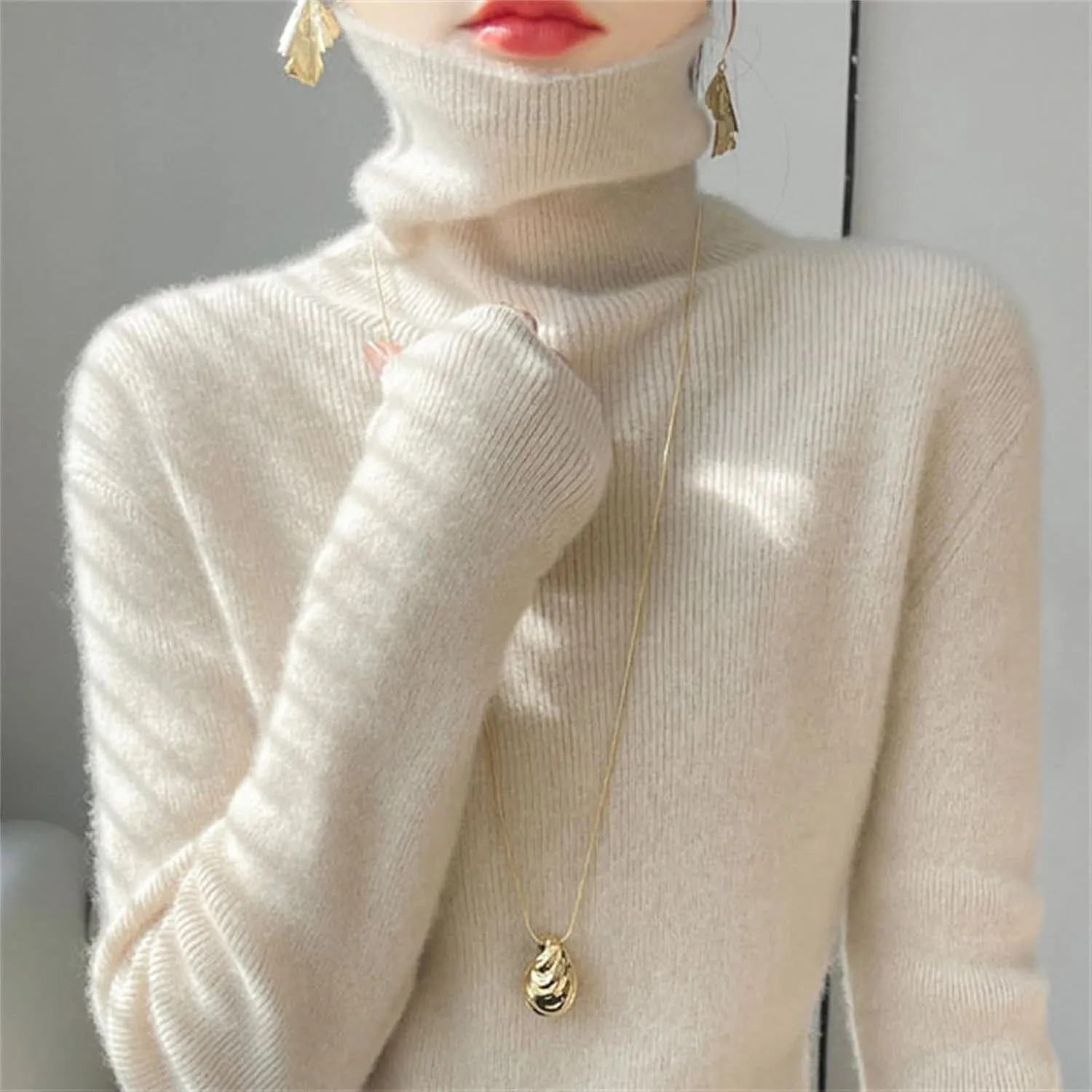 Womens Turtleneck Cashmere Sweater Long Sleeve Crewneck Knitted Pullover Casual Lightweight Y2k Dressy Sweaters Tops