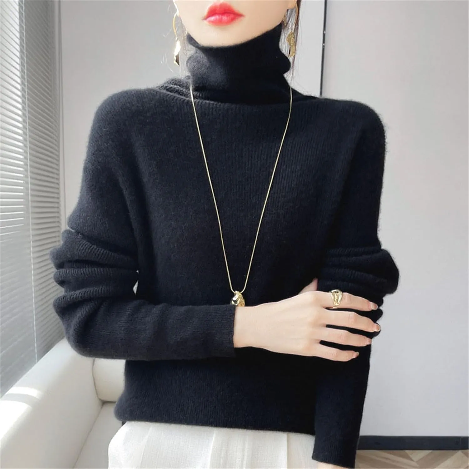 Womens Turtleneck Cashmere Sweater Long Sleeve Crewneck Knitted Pullover Casual Lightweight Y2k Dressy Sweaters Tops
