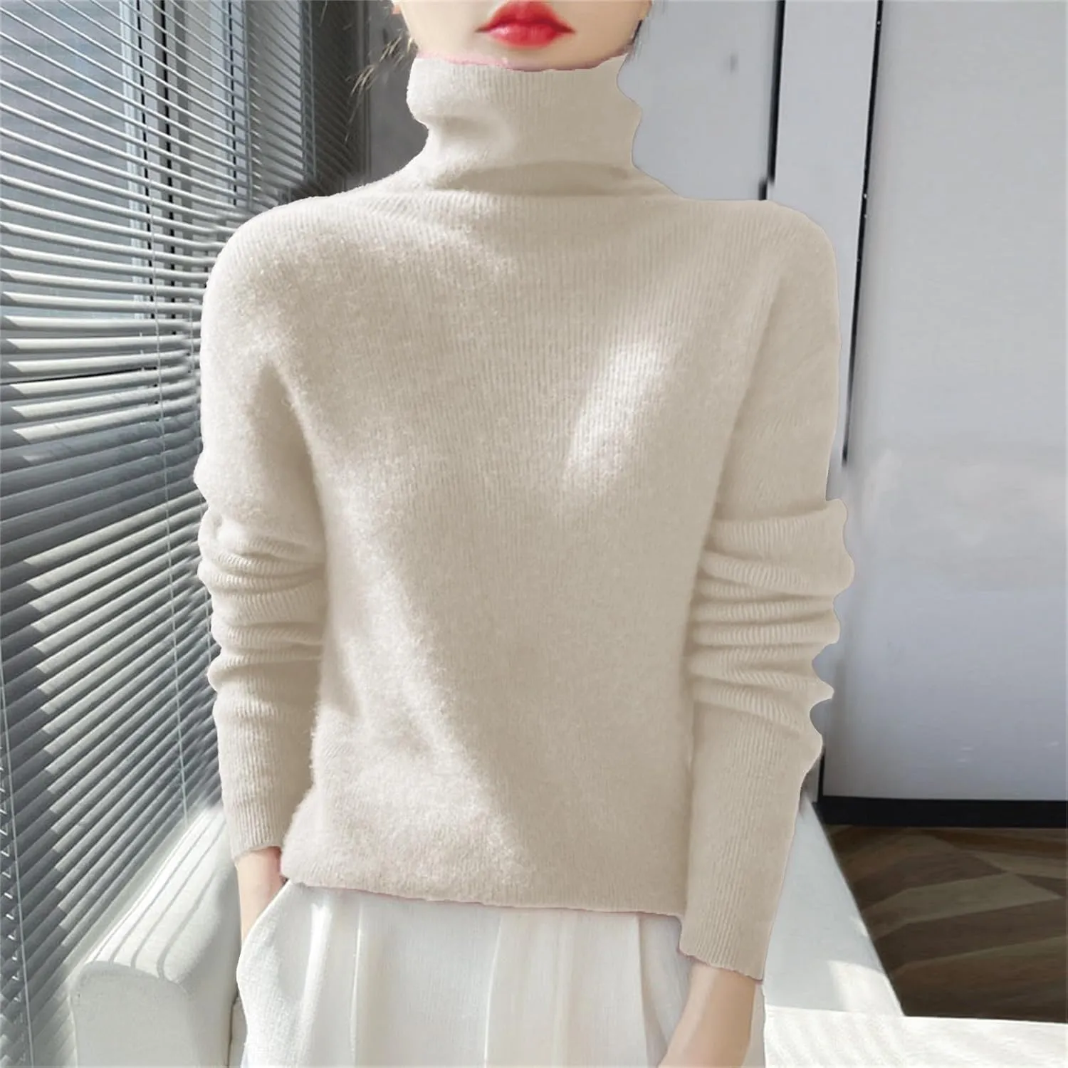 Womens Turtleneck Cashmere Sweater Long Sleeve Crewneck Knitted Pullover Casual Lightweight Y2k Dressy Sweaters Tops