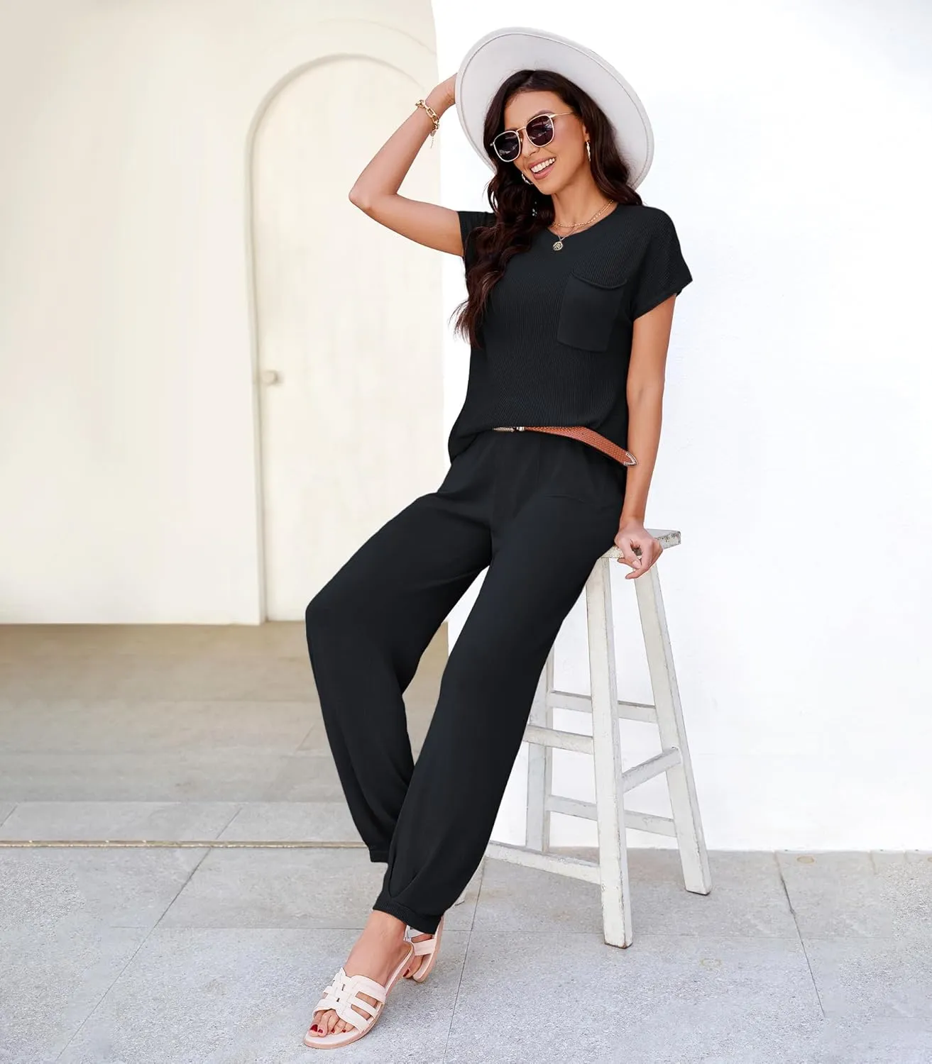 Women's Two Piece Outfits Sweater Sets Knit Pullover Tops and High Waisted Pants Lounge Jogger Set