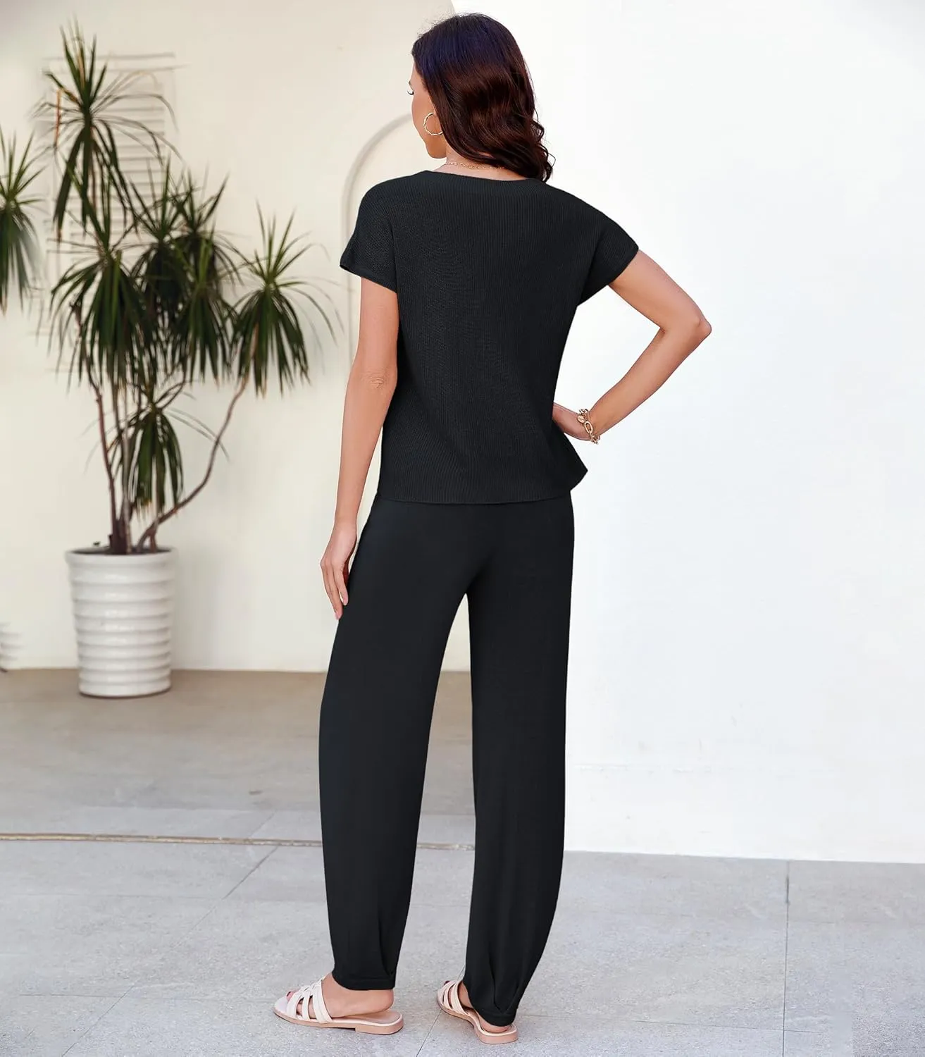 Women's Two Piece Outfits Sweater Sets Knit Pullover Tops and High Waisted Pants Lounge Jogger Set