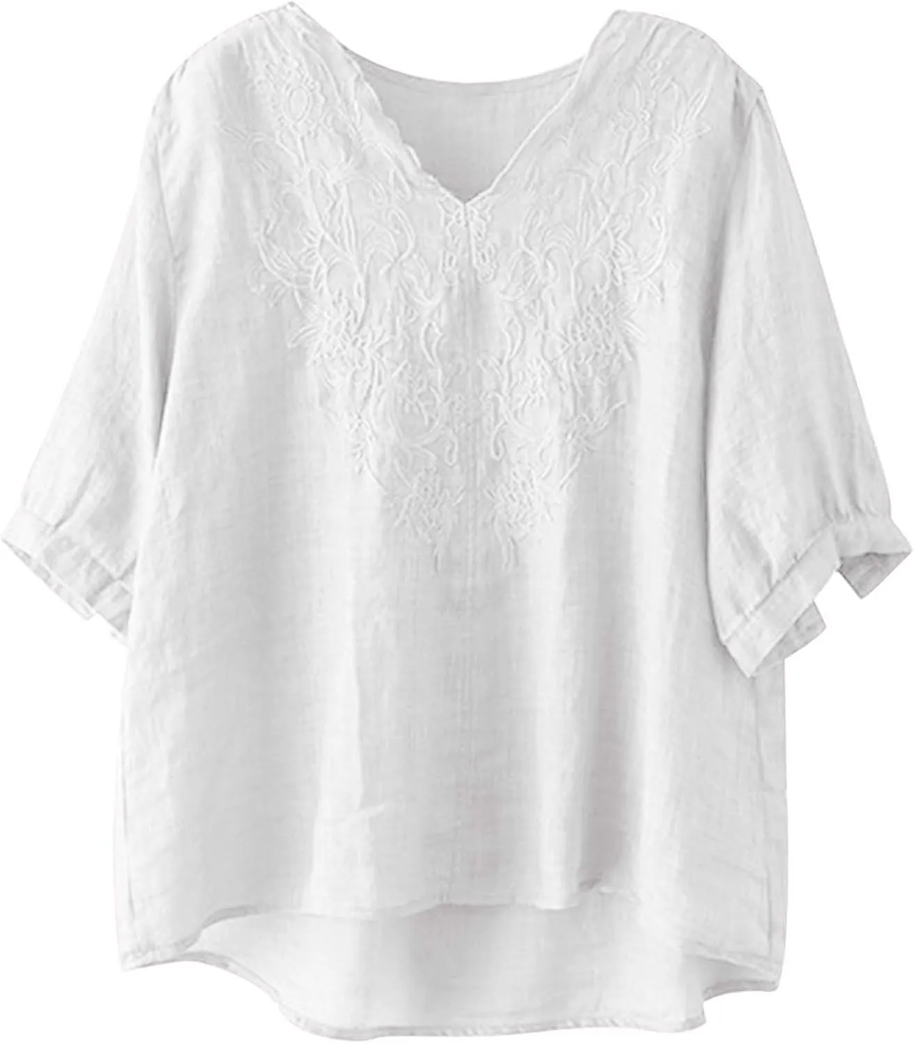 Women's V Neck Bohemian Style Gauze Blouses Shirt Boho Peasant Loose Fit Floral Graphic Embroidered Tunic Summer Tops
