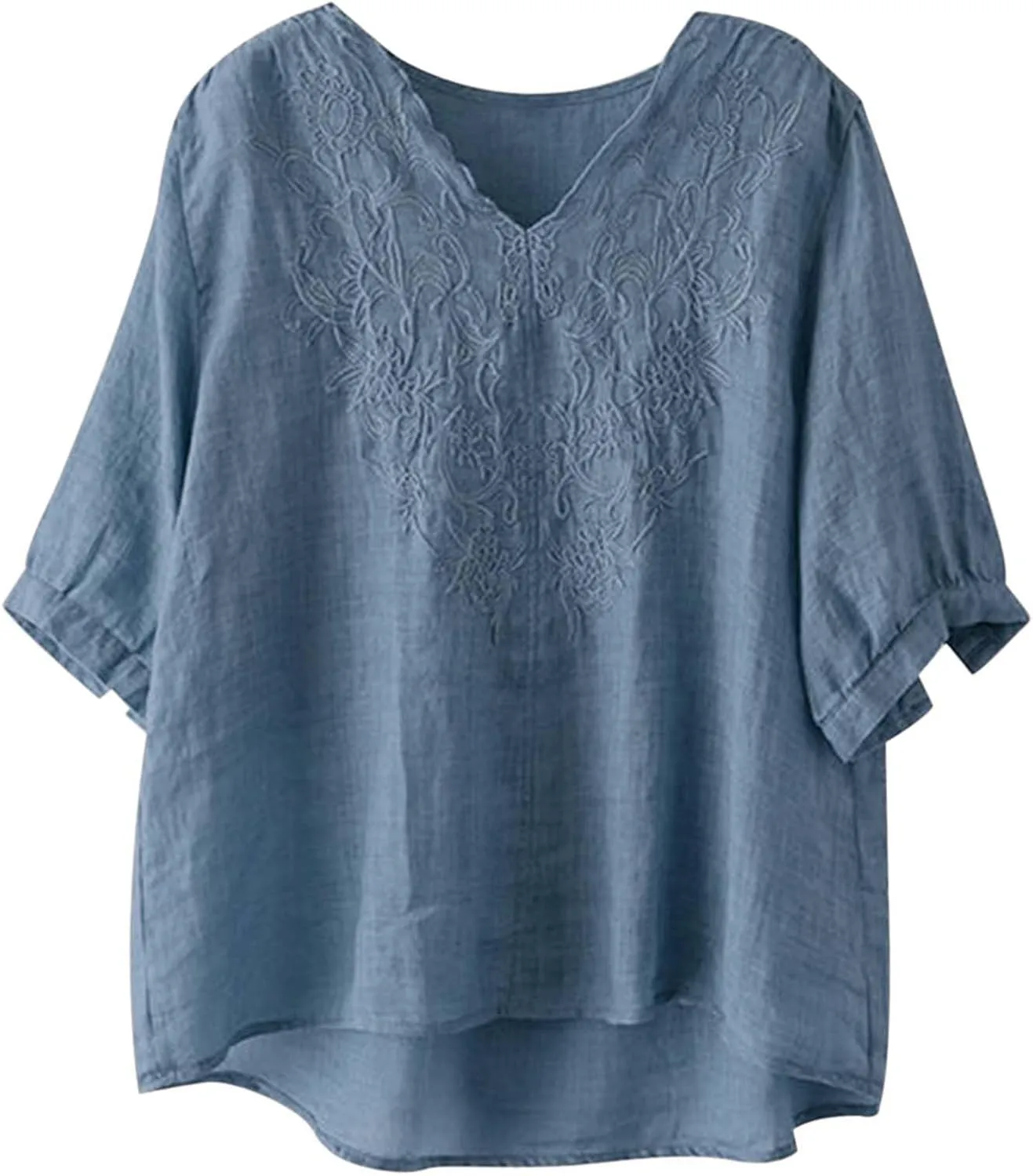 Women's V Neck Bohemian Style Gauze Blouses Shirt Boho Peasant Loose Fit Floral Graphic Embroidered Tunic Summer Tops