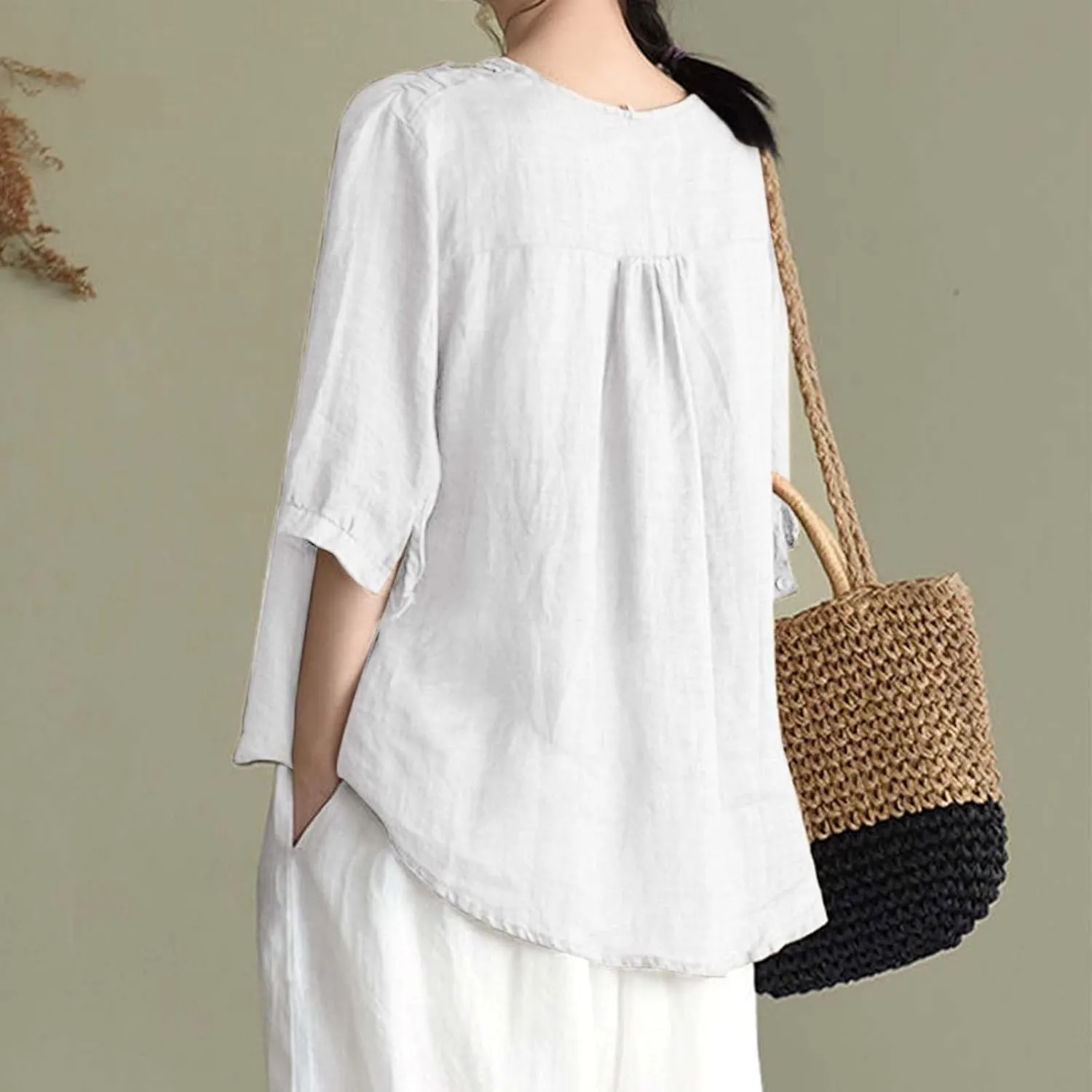 Women's V Neck Bohemian Style Gauze Blouses Shirt Boho Peasant Loose Fit Floral Graphic Embroidered Tunic Summer Tops