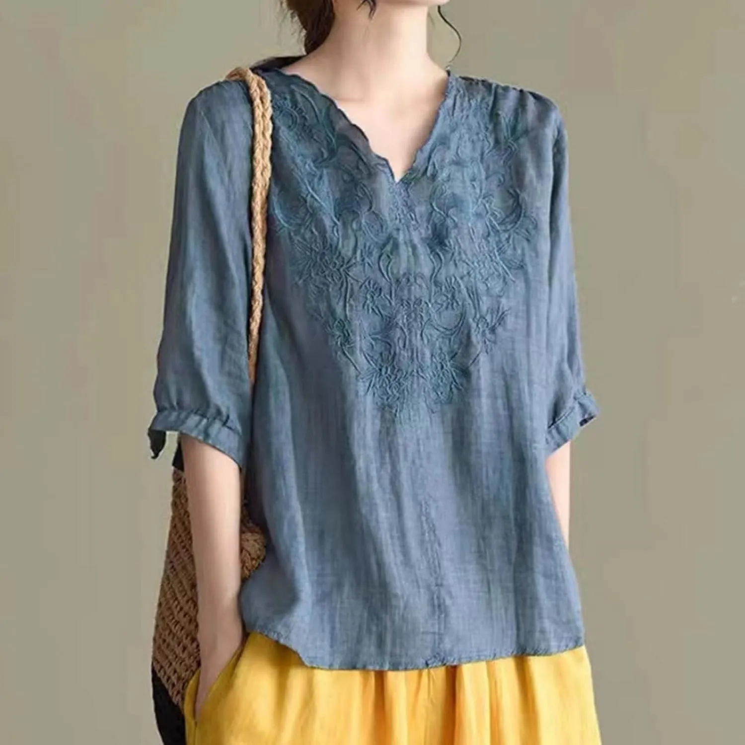 Women's V Neck Bohemian Style Gauze Blouses Shirt Boho Peasant Loose Fit Floral Graphic Embroidered Tunic Summer Tops
