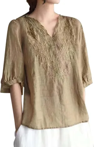 Women's V Neck Bohemian Style Gauze Blouses Shirt Boho Peasant Loose Fit Floral Graphic Embroidered Tunic Summer Tops