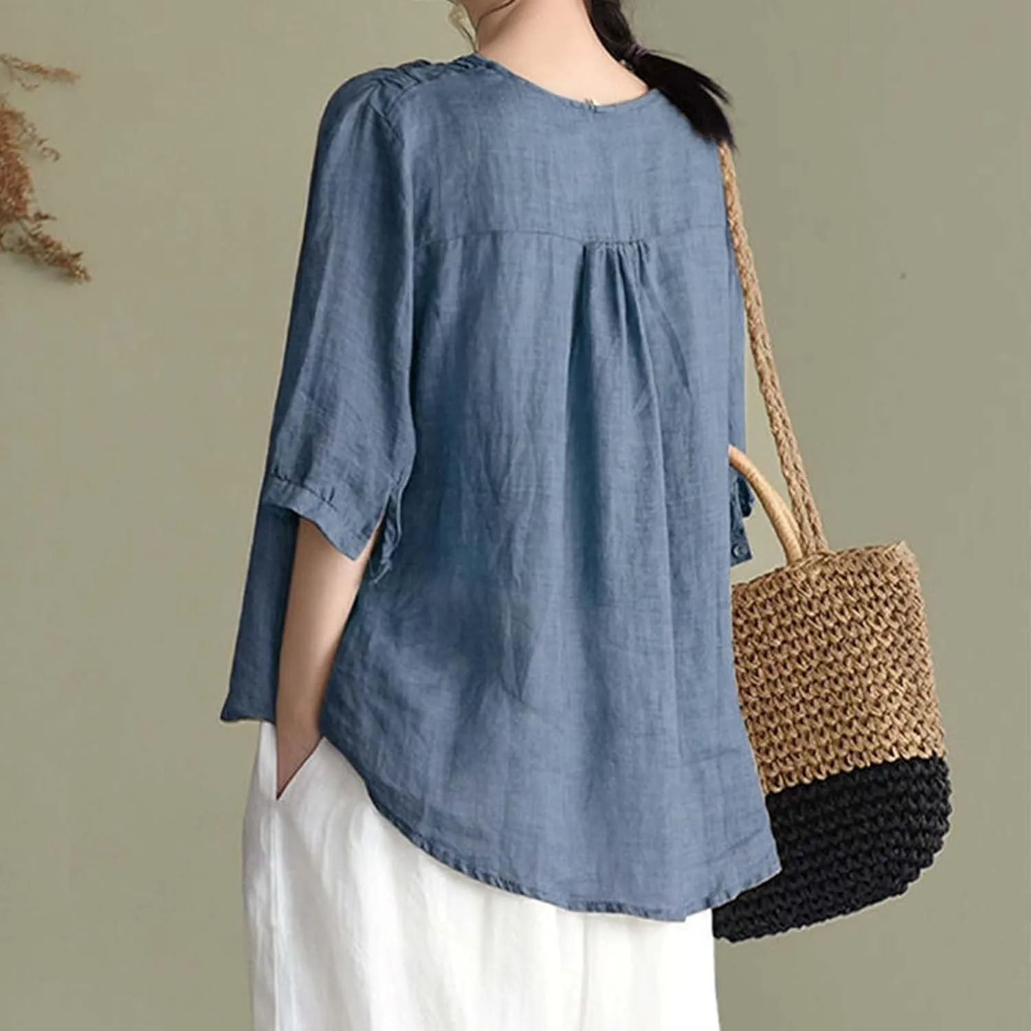 Women's V Neck Bohemian Style Gauze Blouses Shirt Boho Peasant Loose Fit Floral Graphic Embroidered Tunic Summer Tops