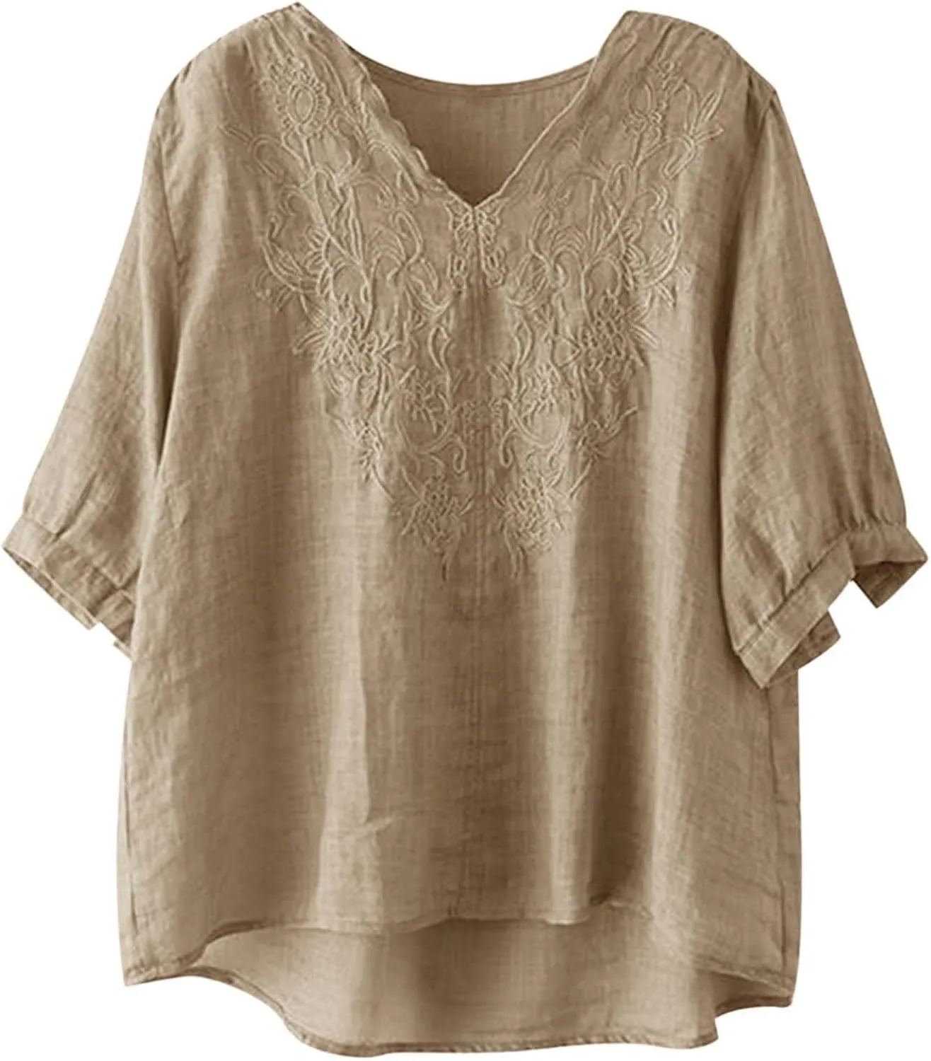 Women's V Neck Bohemian Style Gauze Blouses Shirt Boho Peasant Loose Fit Floral Graphic Embroidered Tunic Summer Tops