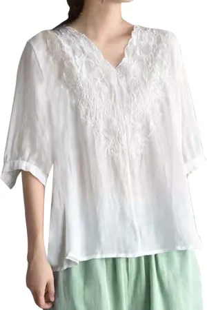 Women's V Neck Bohemian Style Gauze Blouses Shirt Boho Peasant Loose Fit Floral Graphic Embroidered Tunic Summer Tops