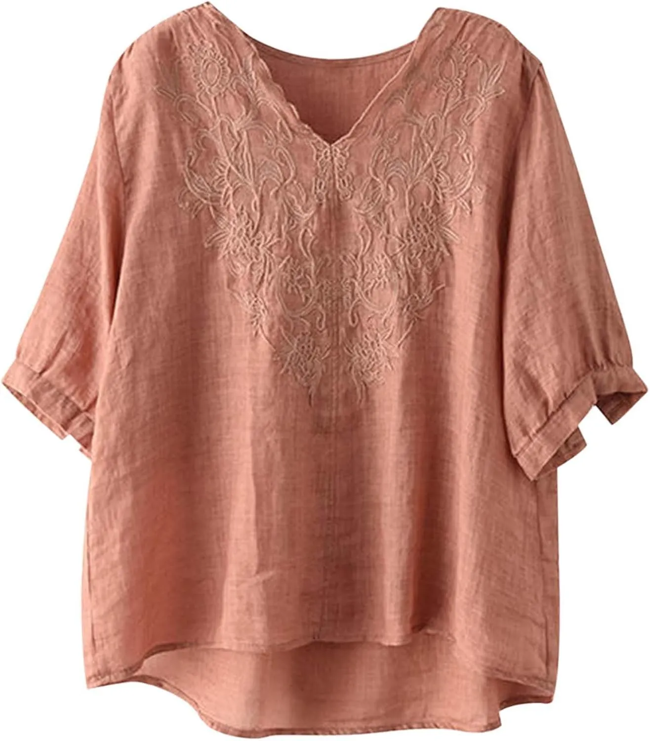 Women's V Neck Bohemian Style Gauze Blouses Shirt Boho Peasant Loose Fit Floral Graphic Embroidered Tunic Summer Tops