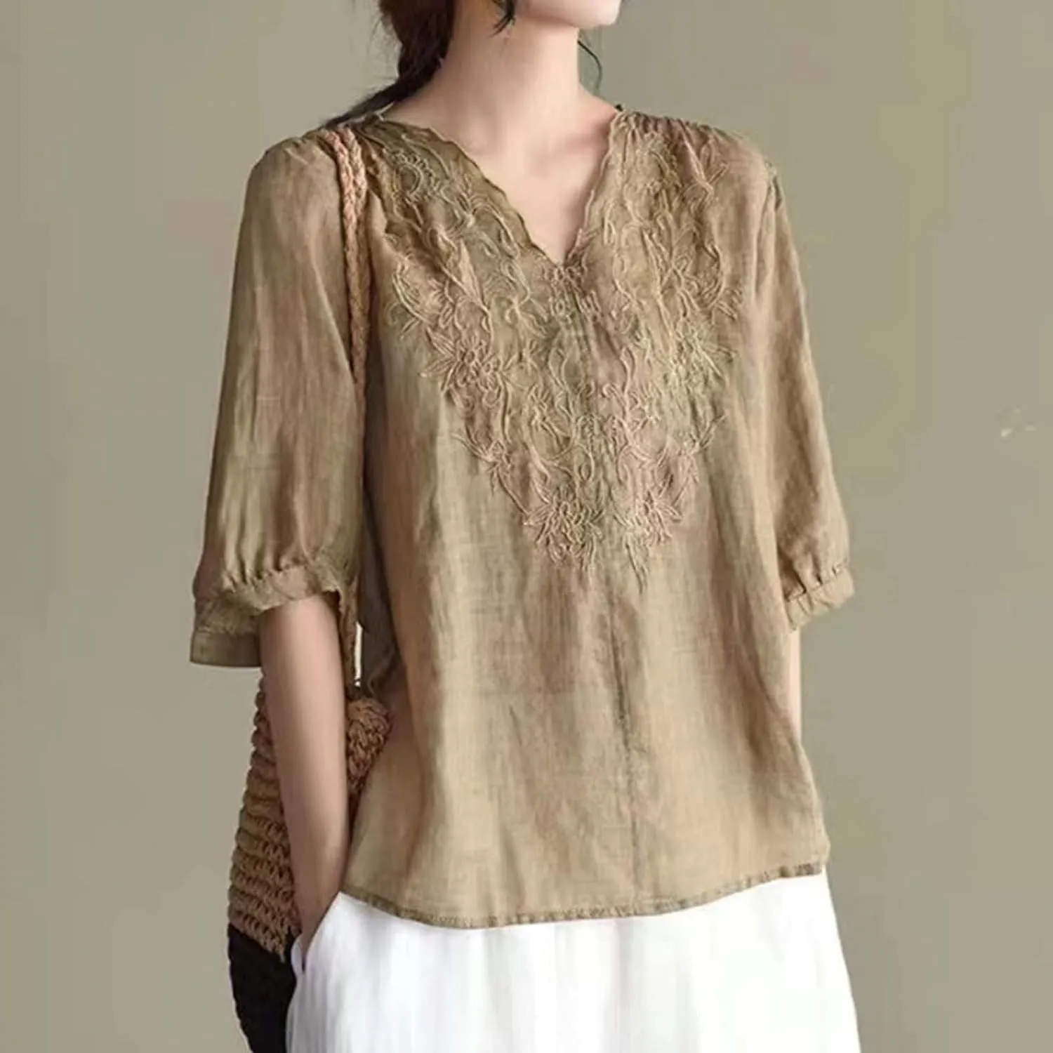 Women's V Neck Bohemian Style Gauze Blouses Shirt Boho Peasant Loose Fit Floral Graphic Embroidered Tunic Summer Tops