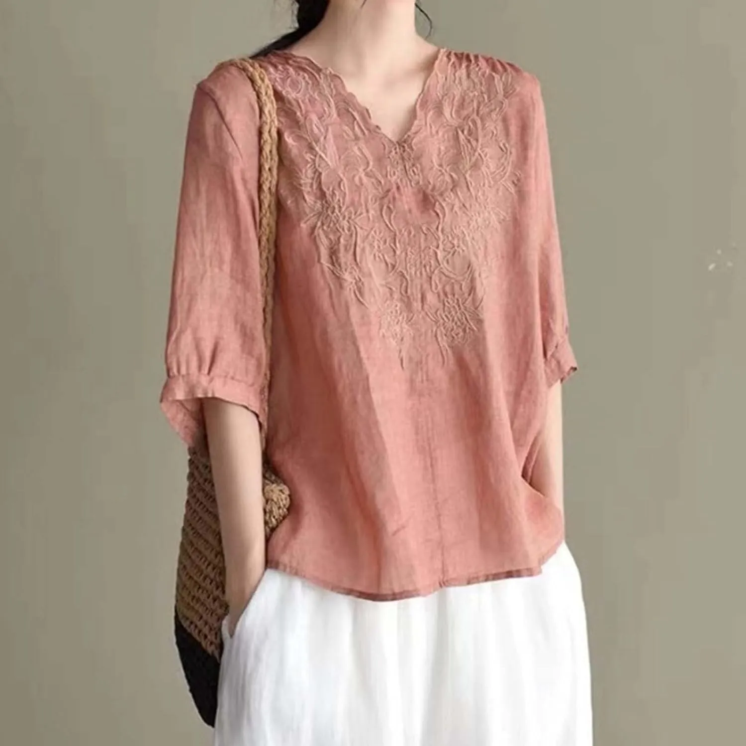 Women's V Neck Bohemian Style Gauze Blouses Shirt Boho Peasant Loose Fit Floral Graphic Embroidered Tunic Summer Tops