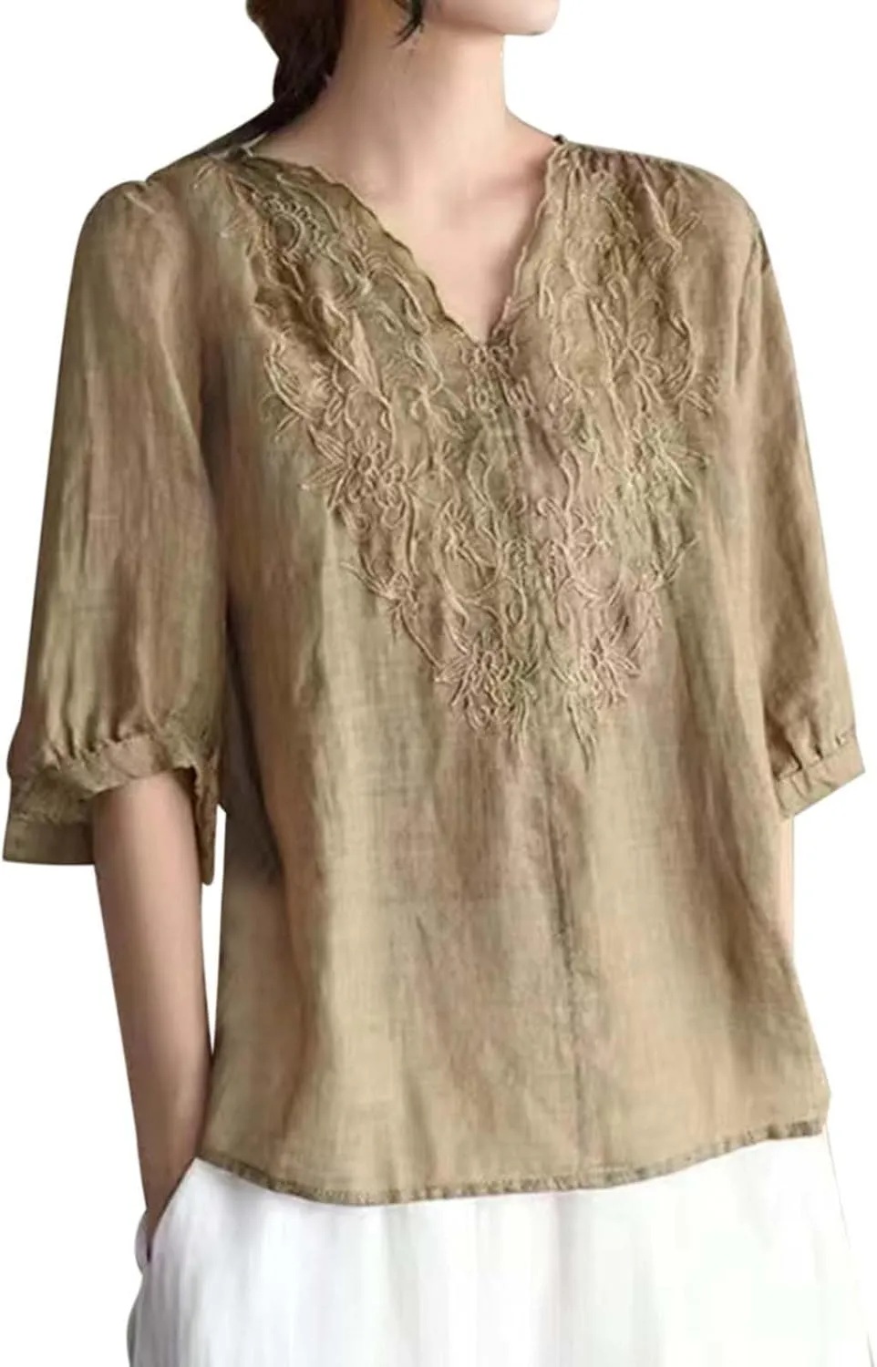 Women's V Neck Bohemian Style Gauze Blouses Shirt Boho Peasant Loose Fit Floral Graphic Embroidered Tunic Summer Tops