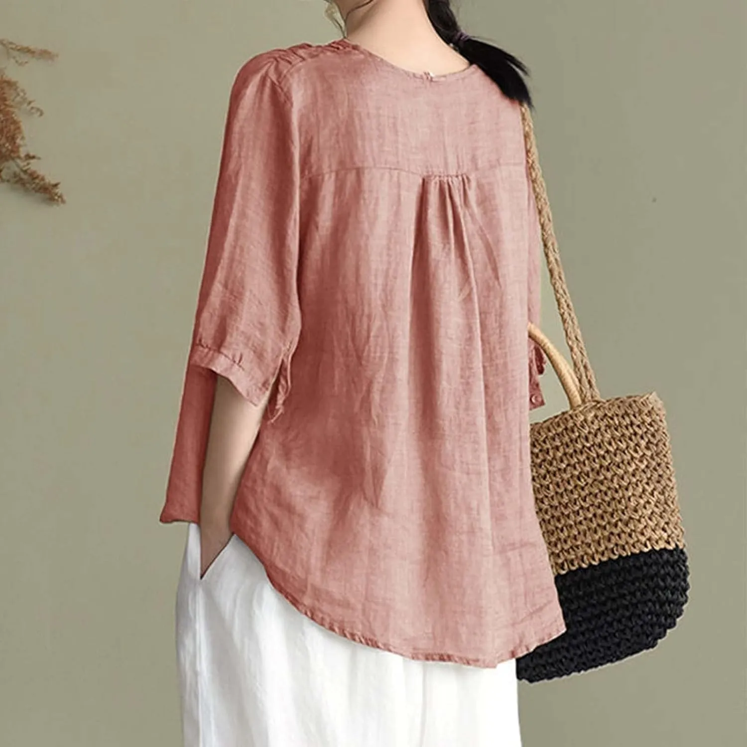 Women's V Neck Bohemian Style Gauze Blouses Shirt Boho Peasant Loose Fit Floral Graphic Embroidered Tunic Summer Tops
