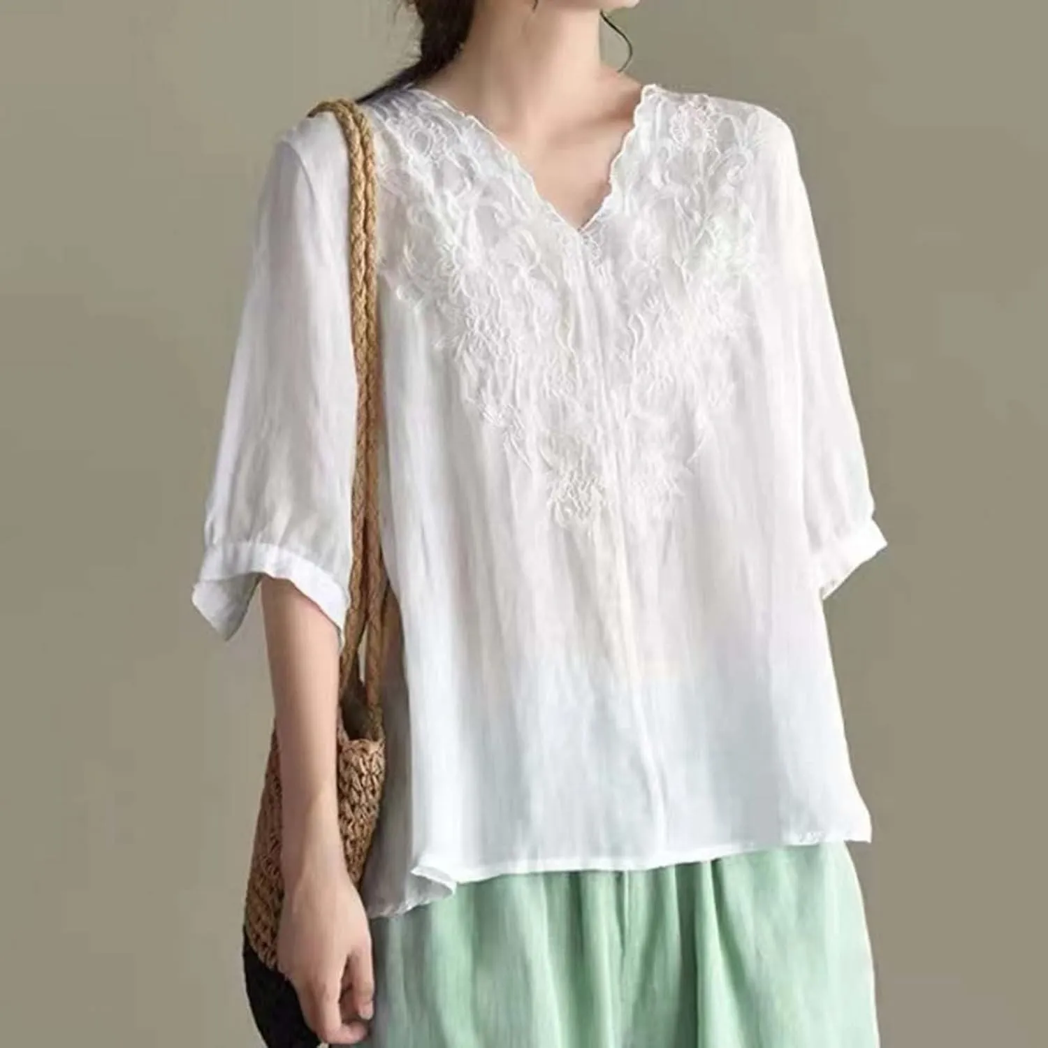 Women's V Neck Bohemian Style Gauze Blouses Shirt Boho Peasant Loose Fit Floral Graphic Embroidered Tunic Summer Tops